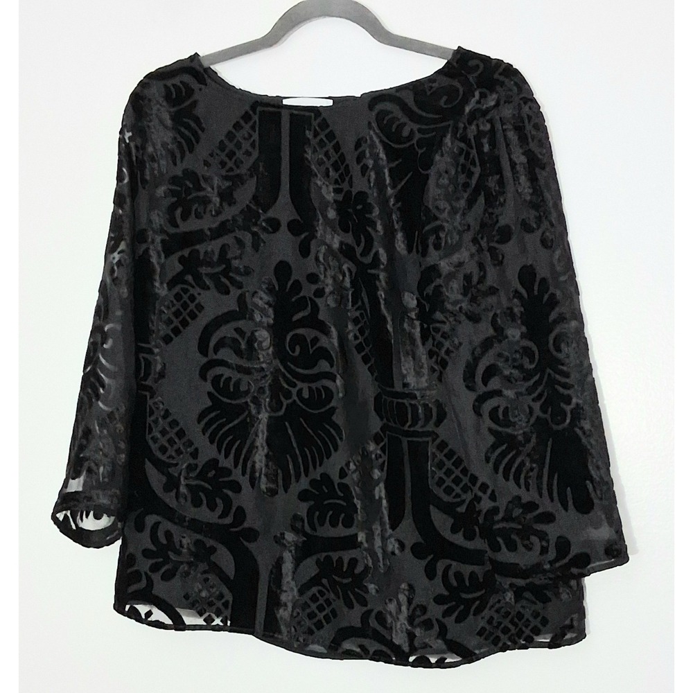 RSVP by TALBOTS Blouse Women's Size M Black Velvet Burnout 3/4 Sheer Sleeve